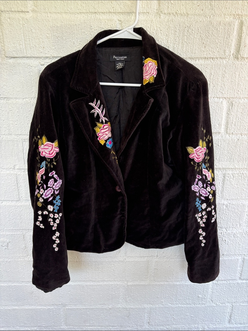 Persaman New York Black Velvet Blazer with Pink Floral Embroidery sz S